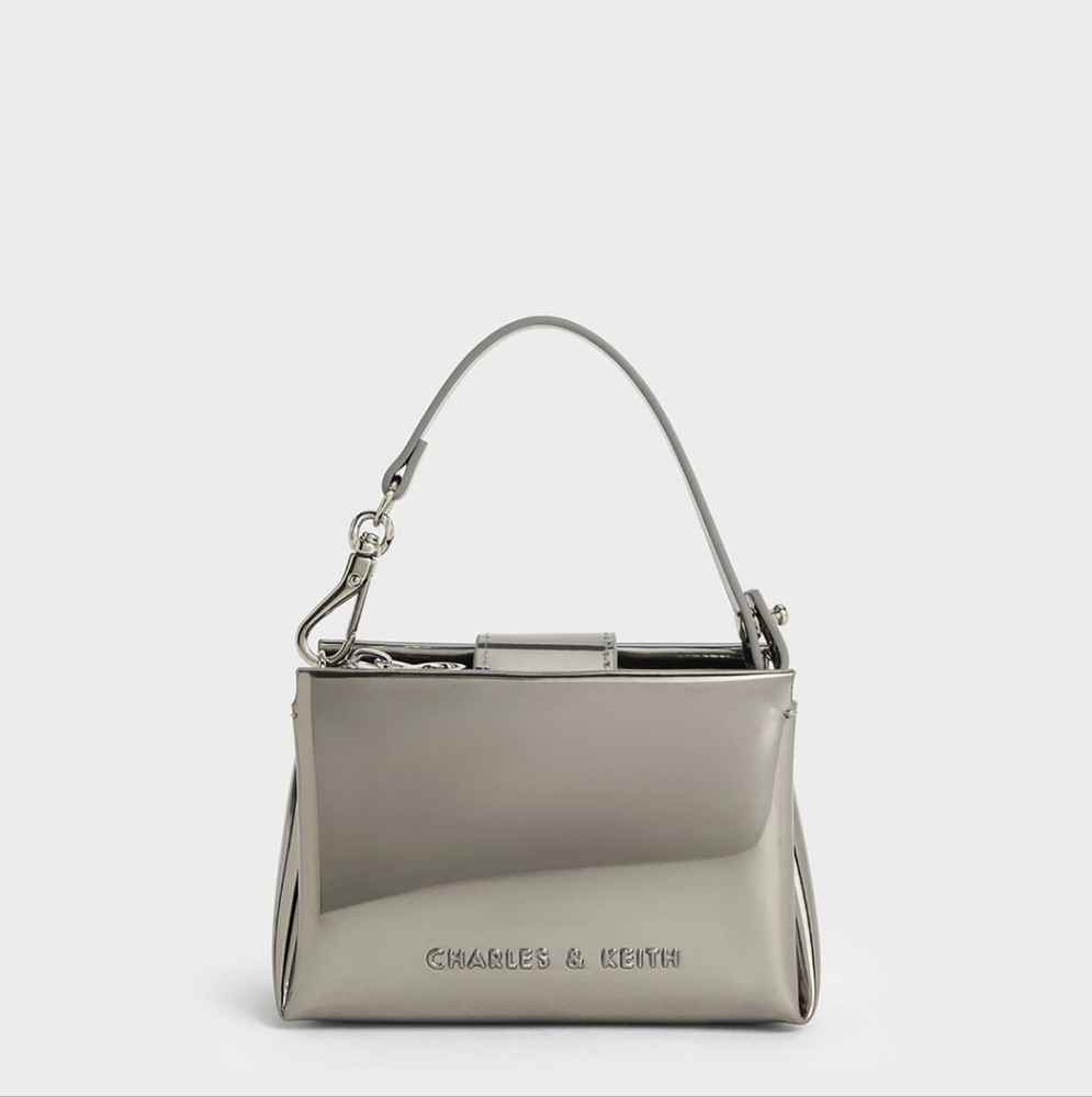 Charles & Keith Pewter Metallic Top Handle Pouch